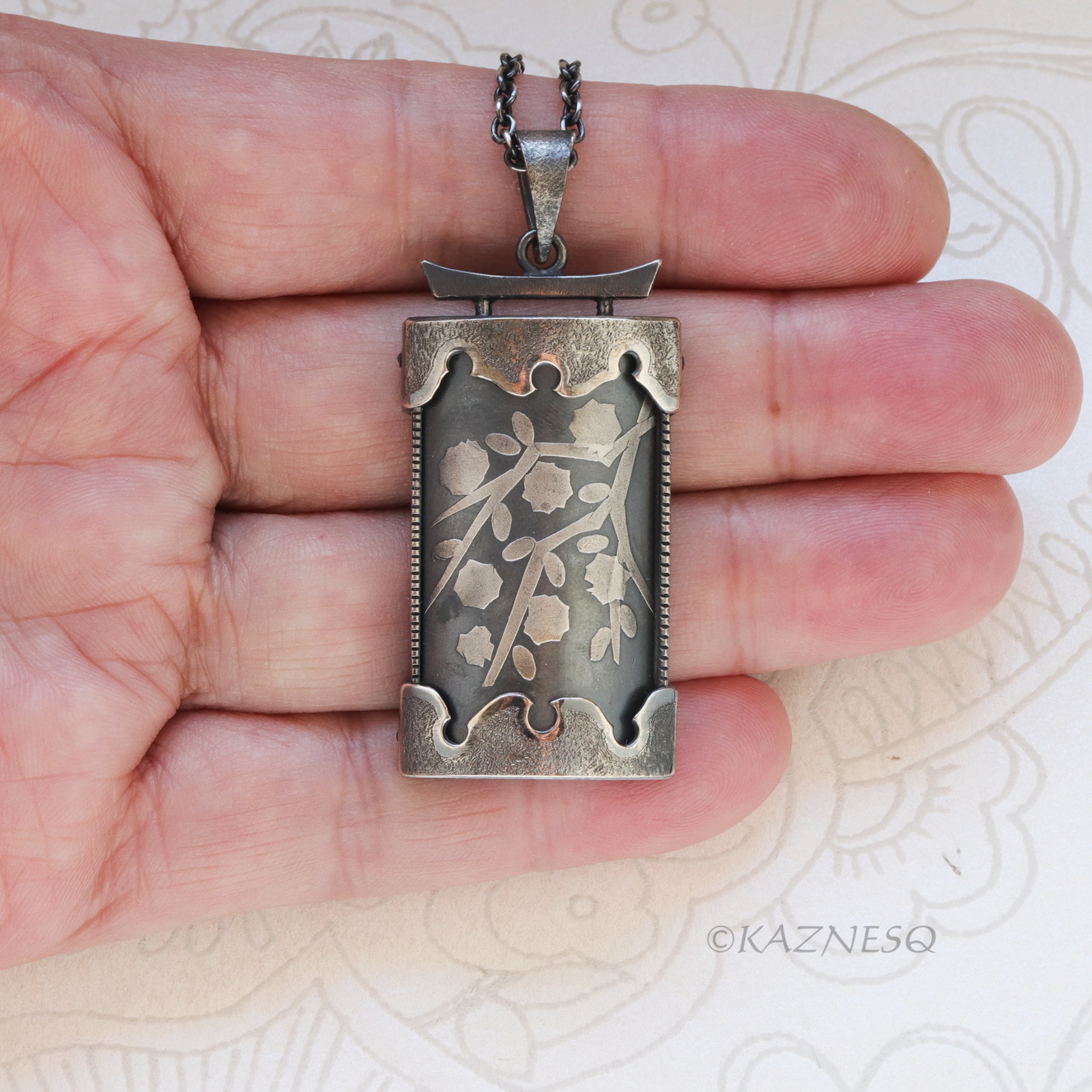 Handmade Oxidized Silver Blossom Pendant — Fine Silver Foil Kem Boo, Japanese Ink Painting Necklace, Artisan Sterling Silver Jewelry