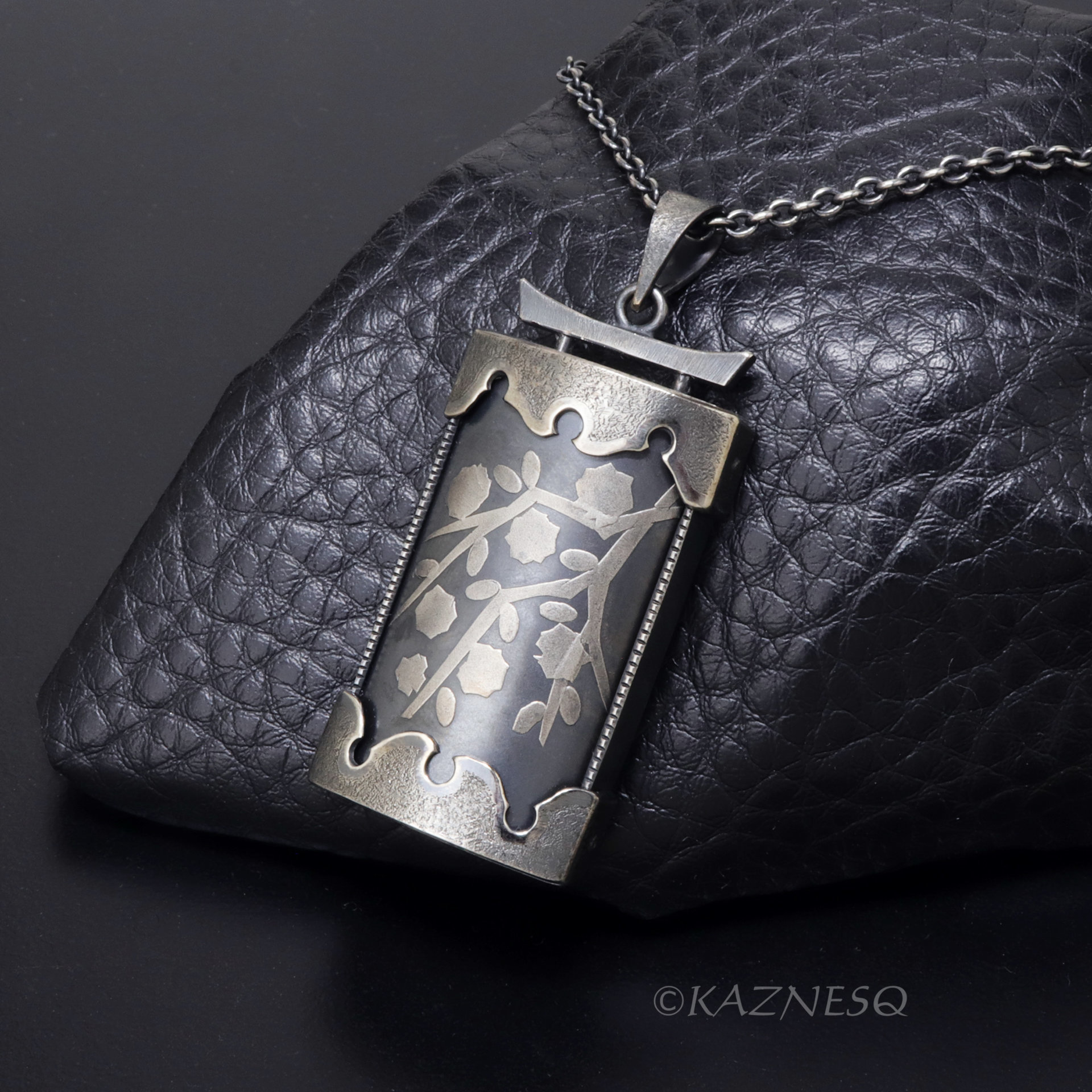 Handmade Oxidized Silver Blossom Pendant — Fine Silver Foil Kem Boo, Japanese Ink Painting Necklace, Artisan Sterling Silver Jewelry