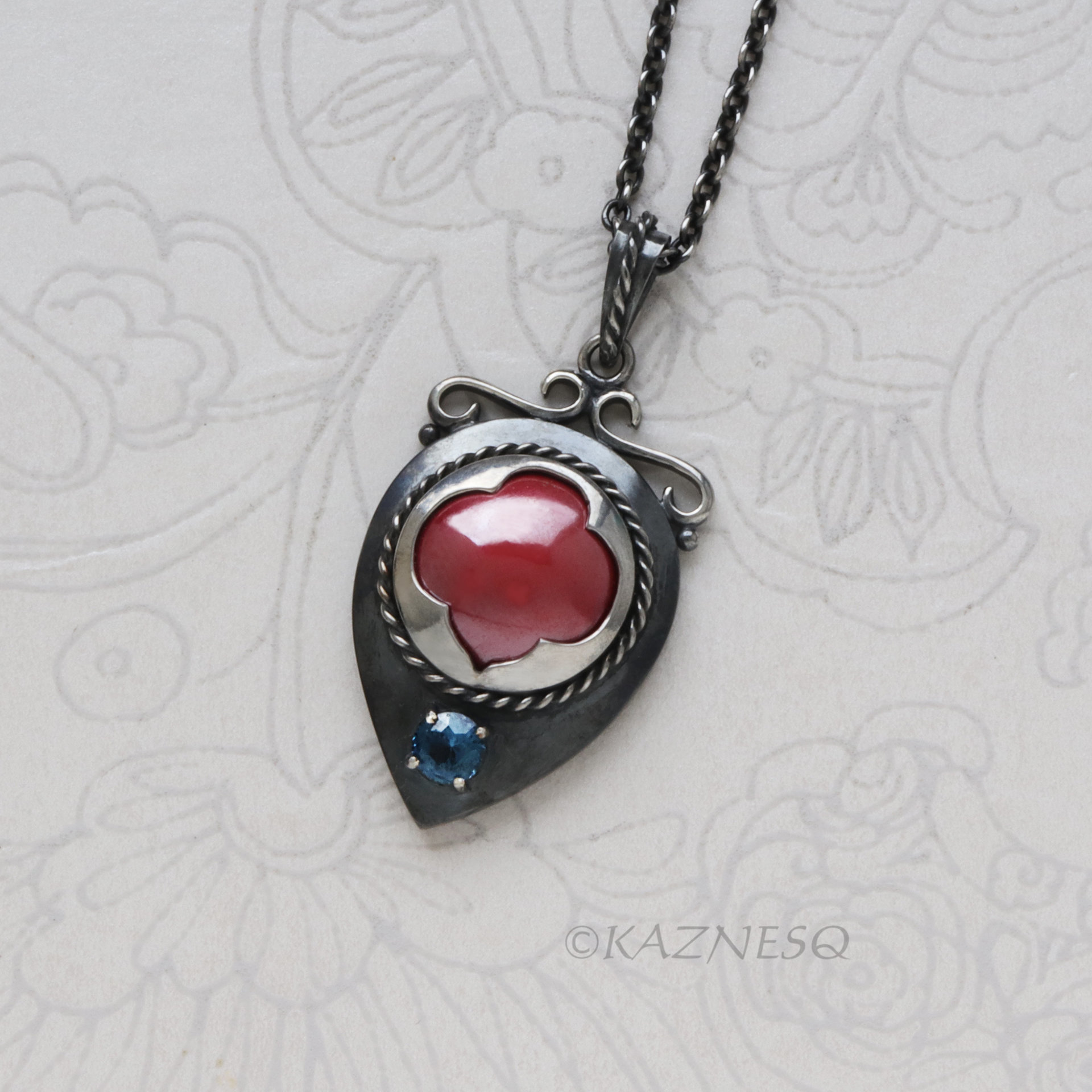 Oxidized Sterling Silver Pendant Necklace – Hido Copper Cab & Blue Spinel, Japanese Heat Patina, Filigree, Handmade Artisan Jewelry