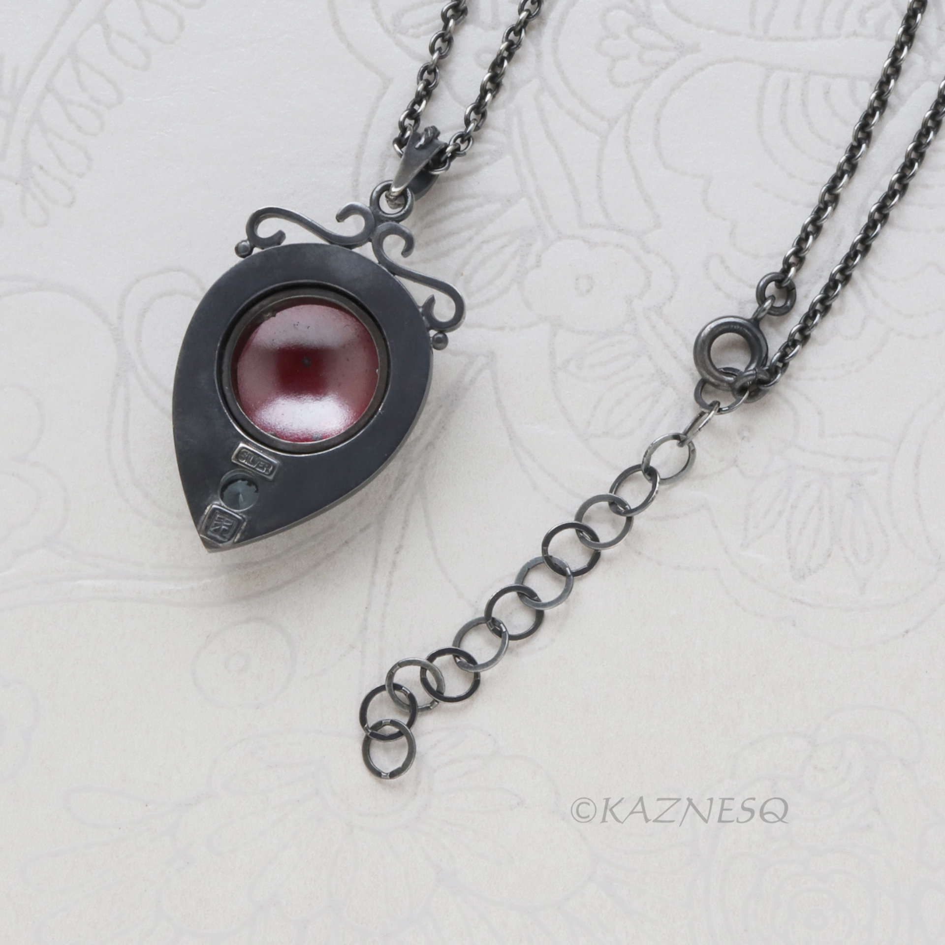 Oxidized Sterling Silver Pendant Necklace – Hido Copper Cab & Blue Spinel, Japanese Heat Patina, Filigree, Handmade Artisan Jewelry