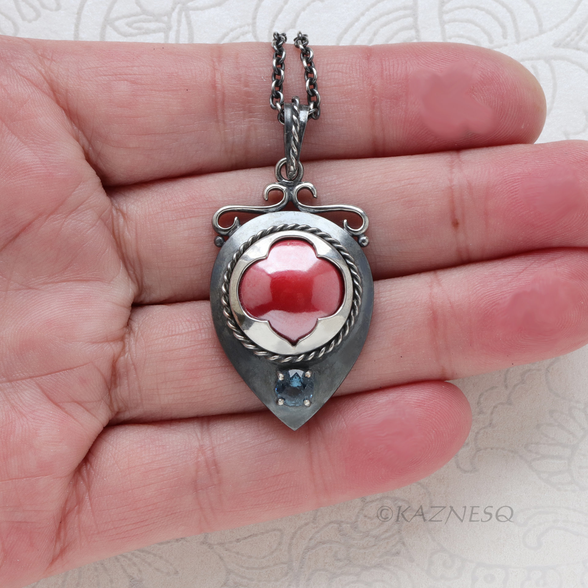 Oxidized Sterling Silver Pendant Necklace – Hido Copper Cab & Blue Spinel, Japanese Heat Patina, Filigree, Handmade Artisan Jewelry