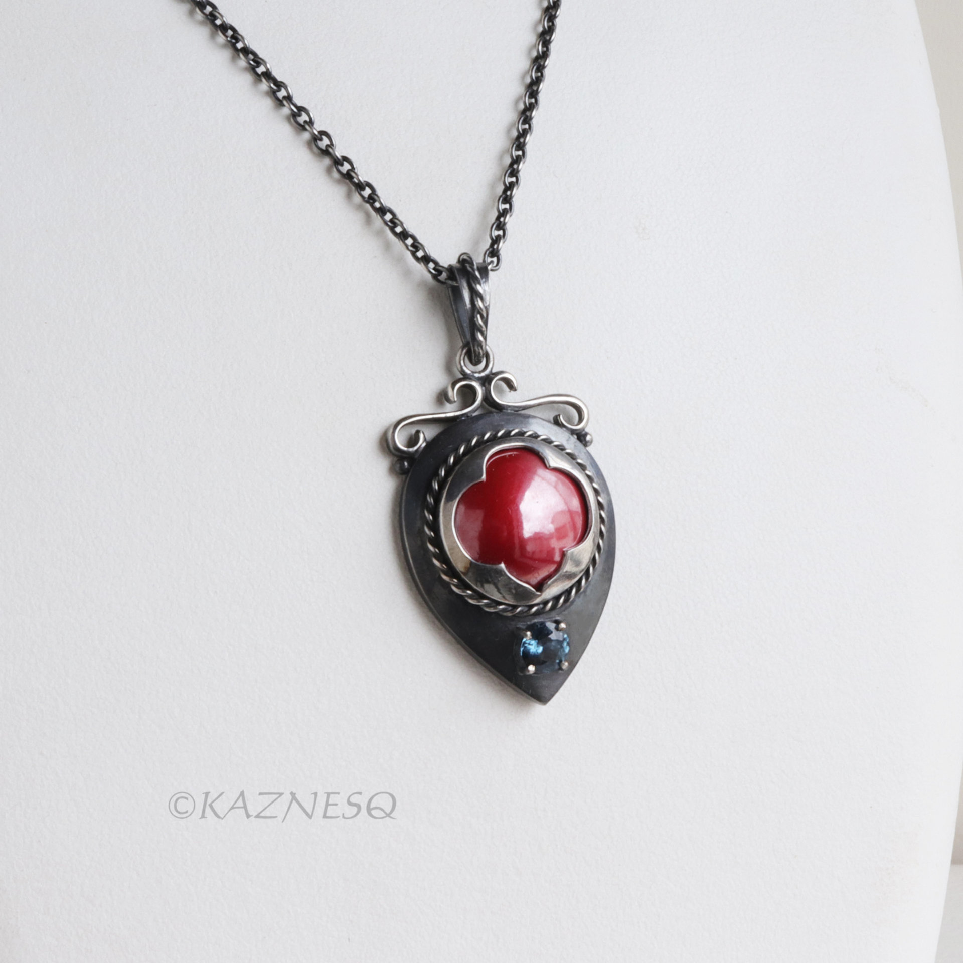 Oxidized Sterling Silver Pendant Necklace – Hido Copper Cab & Blue Spinel, Japanese Heat Patina, Filigree, Handmade Artisan Jewelry