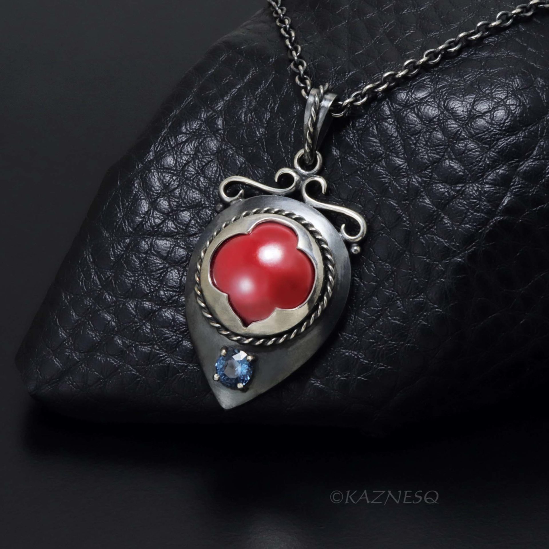 Oxidized Sterling Silver Pendant Necklace – Hido Copper Cab & Blue Spinel, Japanese Heat Patina, Filigree, Handmade Artisan Jewelry