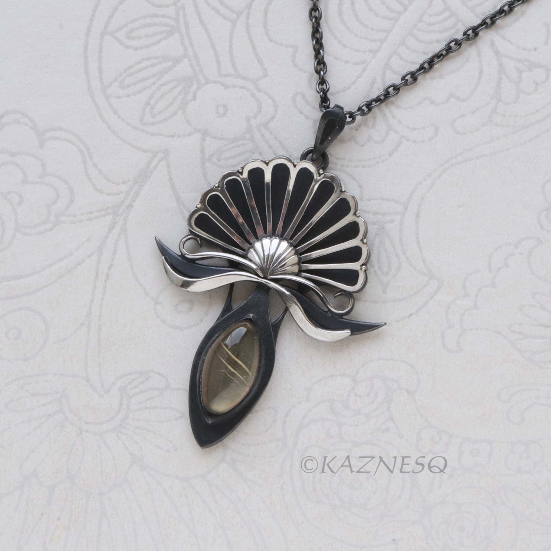 Oxidized Silver Fantasy Flower Pendant Necklace – Rutilated Quartz & Black Mother of Pearl, Handmade Art Jewelry