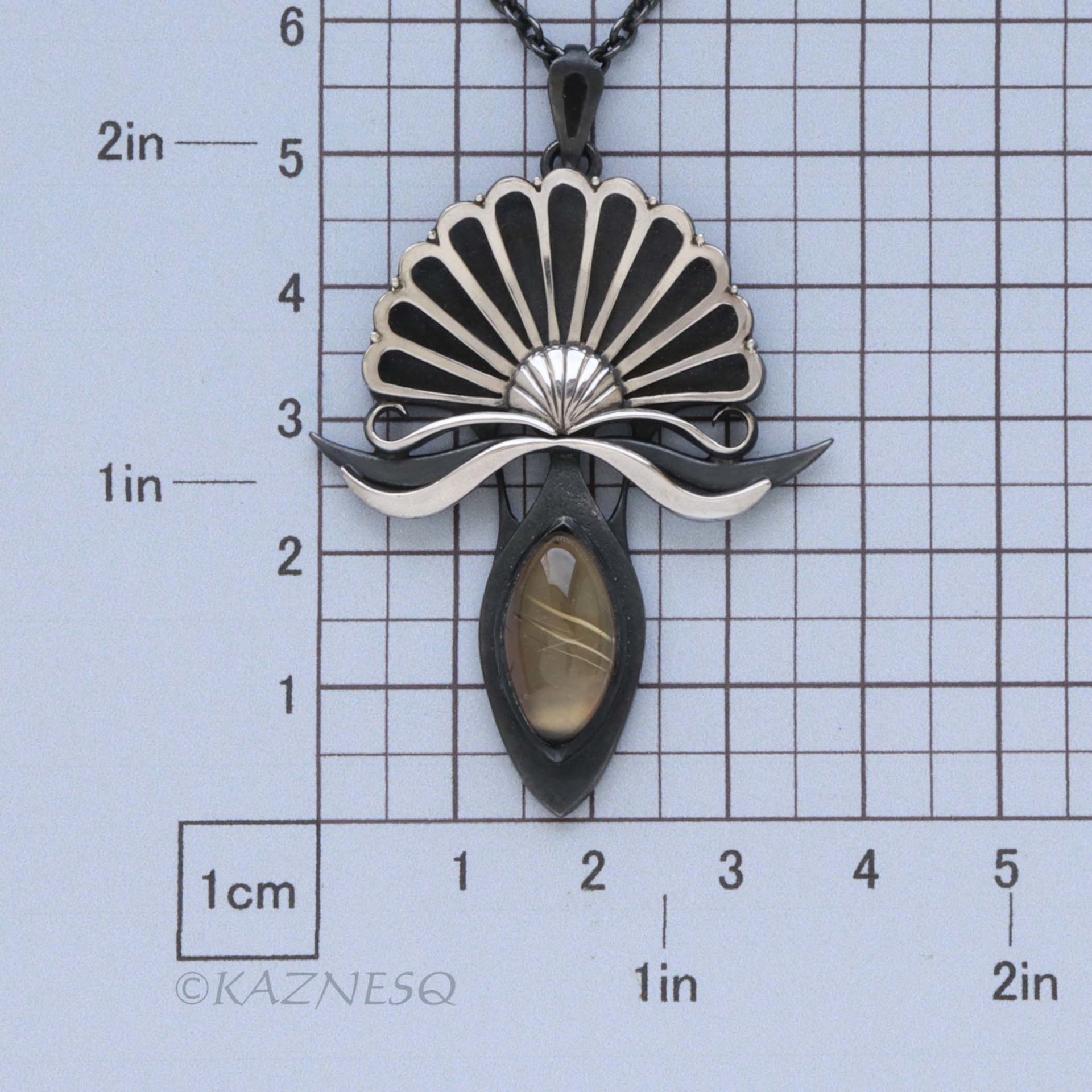 Oxidized Silver Fantasy Flower Pendant Necklace – Rutilated Quartz & Black Mother of Pearl, Handmade Art Jewelry