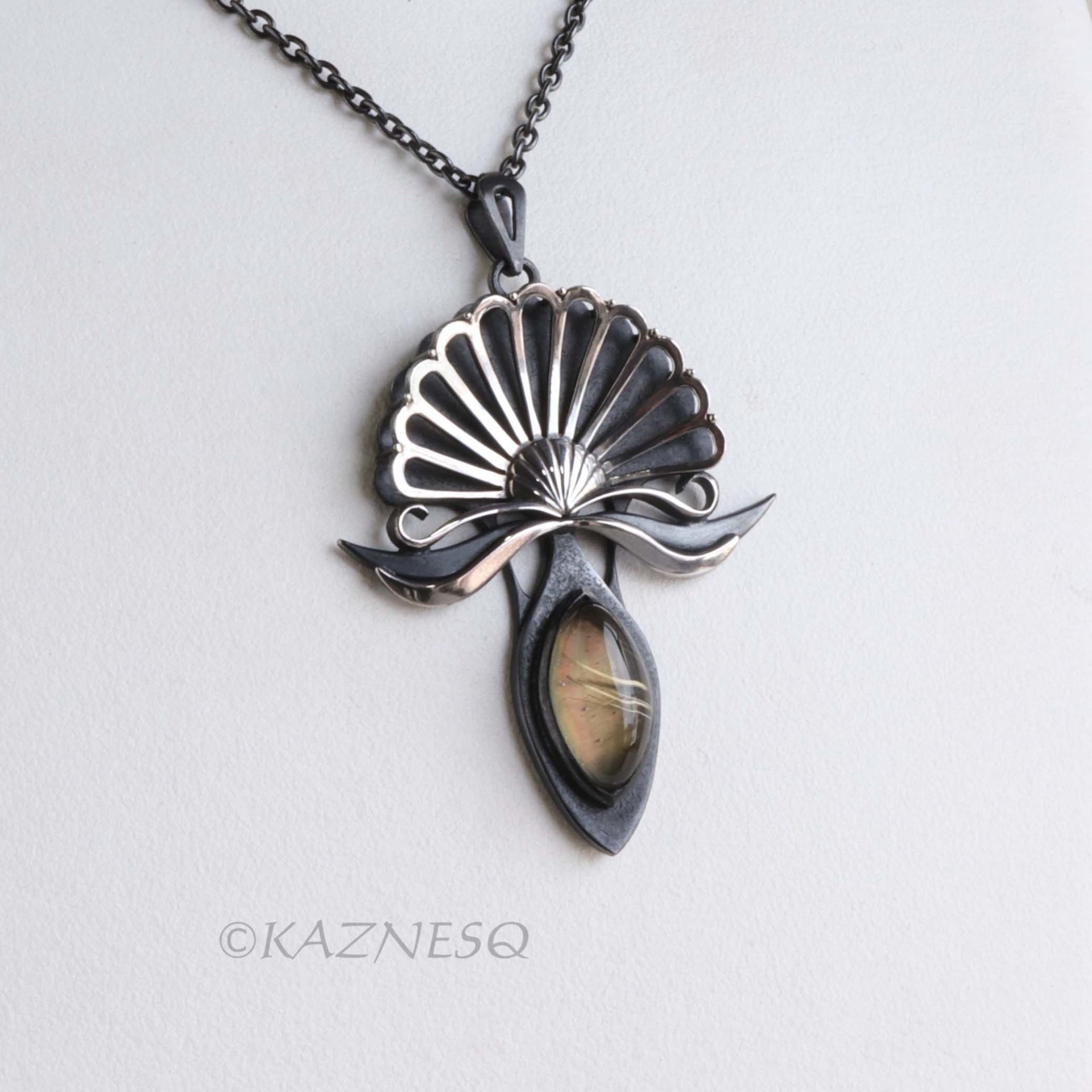 Oxidized Silver Fantasy Flower Pendant Necklace – Rutilated Quartz & Black Mother of Pearl, Handmade Art Jewelry