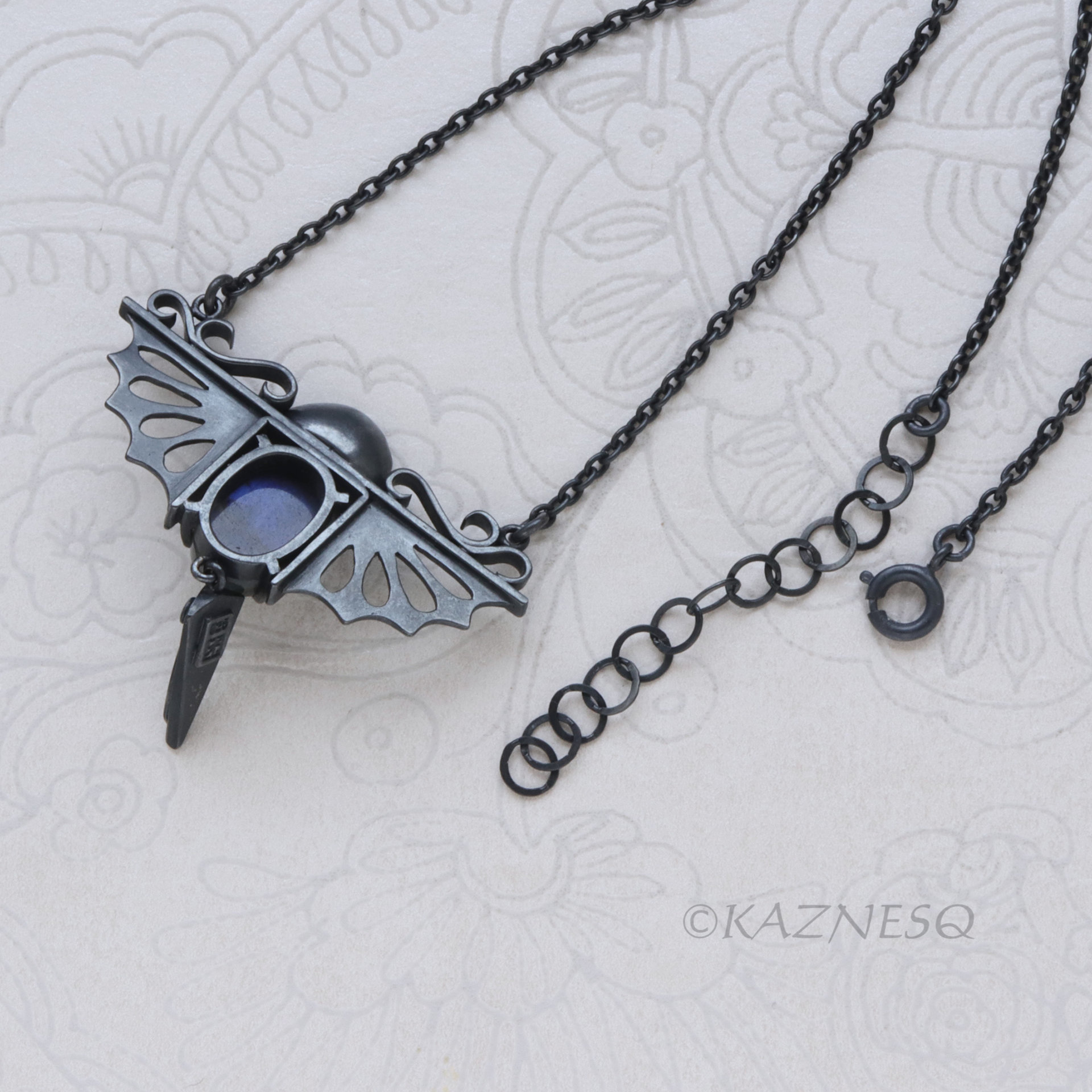 Gothic Art Nouveau Blue Labradorite Pendant Necklace - Oxidized Sterling Silver, Dragon Wing Rococo Shell
