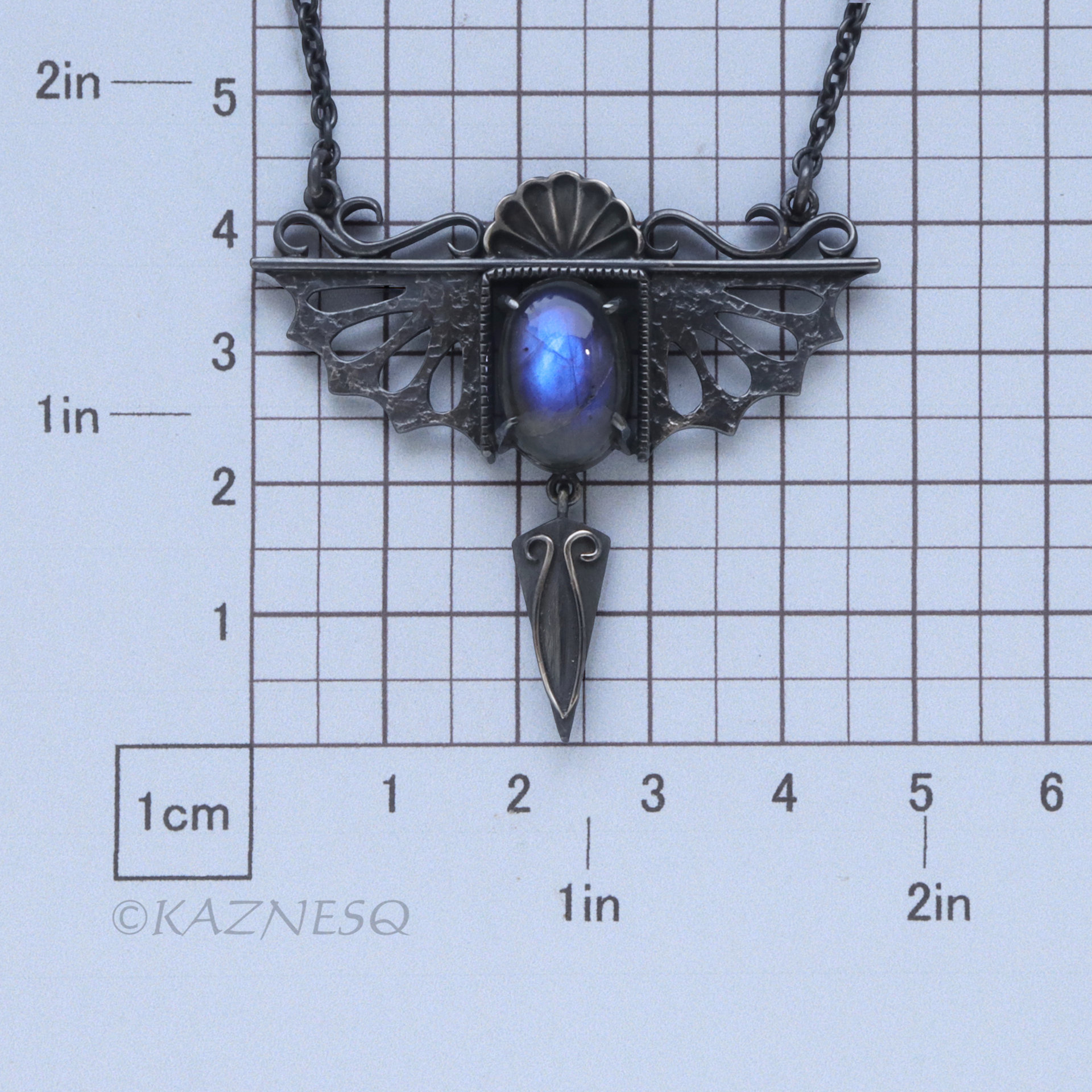 Gothic Art Nouveau Blue Labradorite Pendant Necklace - Oxidized Sterling Silver, Dragon Wing Rococo Shell