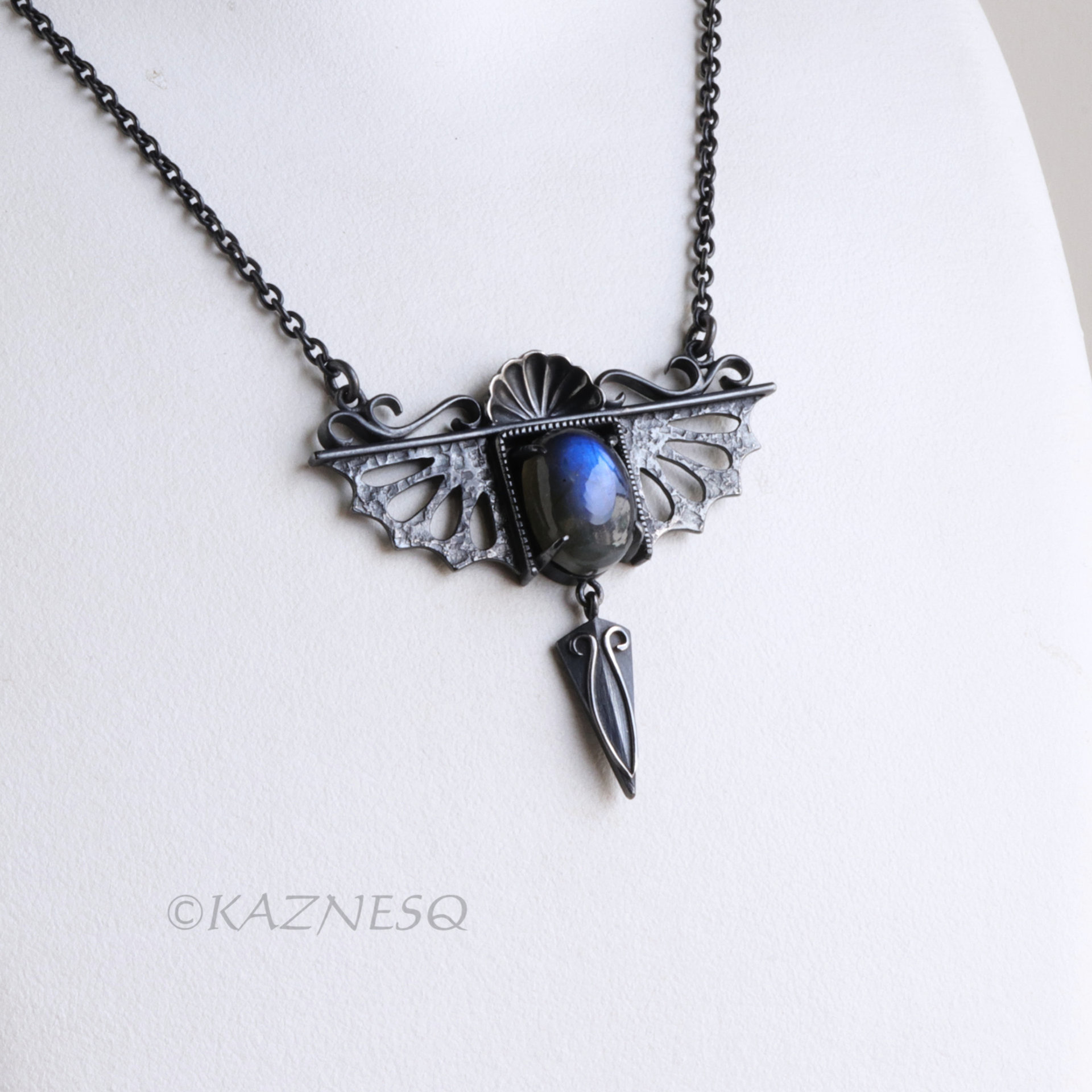 Gothic Art Nouveau Blue Labradorite Pendant Necklace - Oxidized Sterling Silver, Dragon Wing Rococo Shell