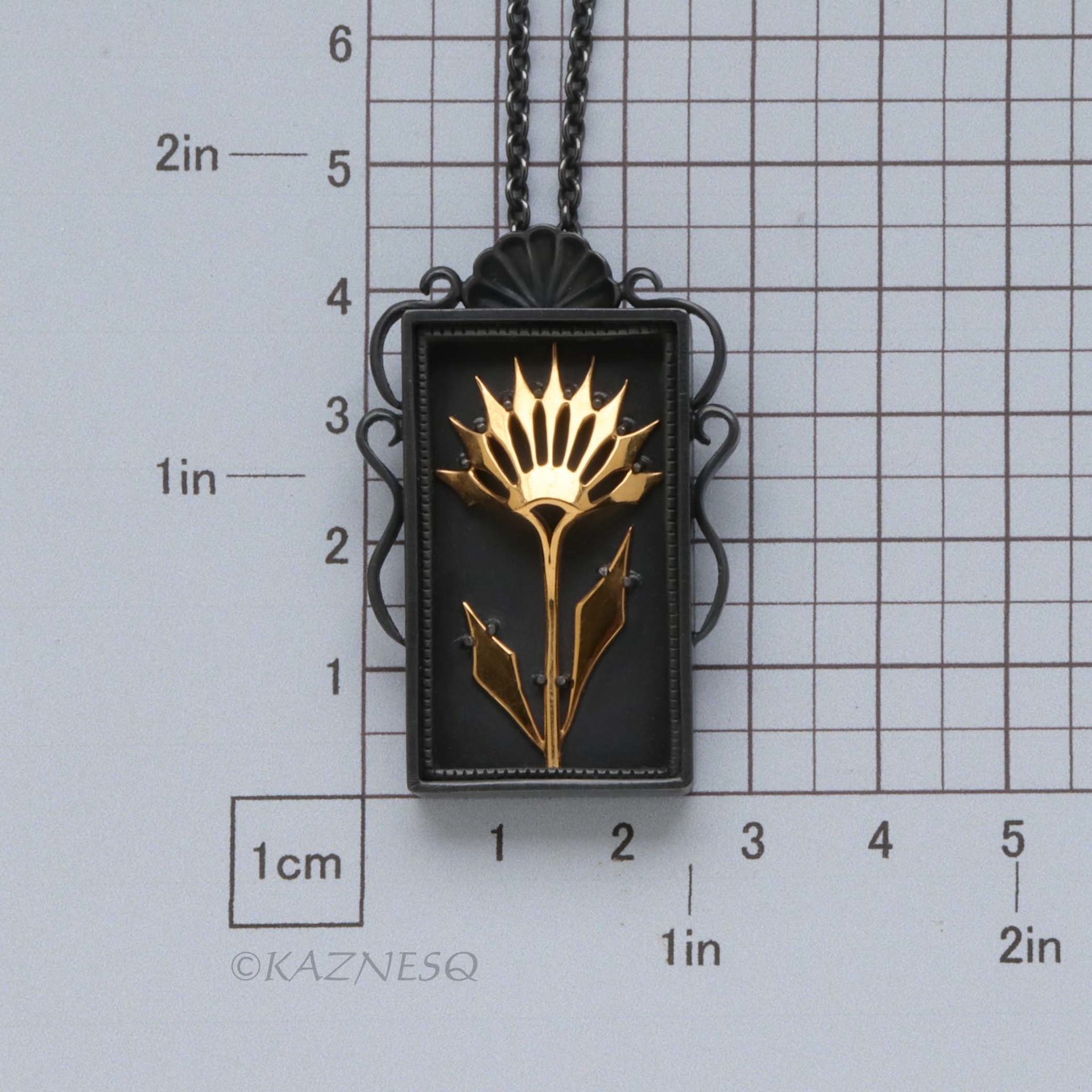 Gothic Botanical Necklace – Oxidized Silver Shadowbox Pendant with Gold Vermeil Ironpunk Flower