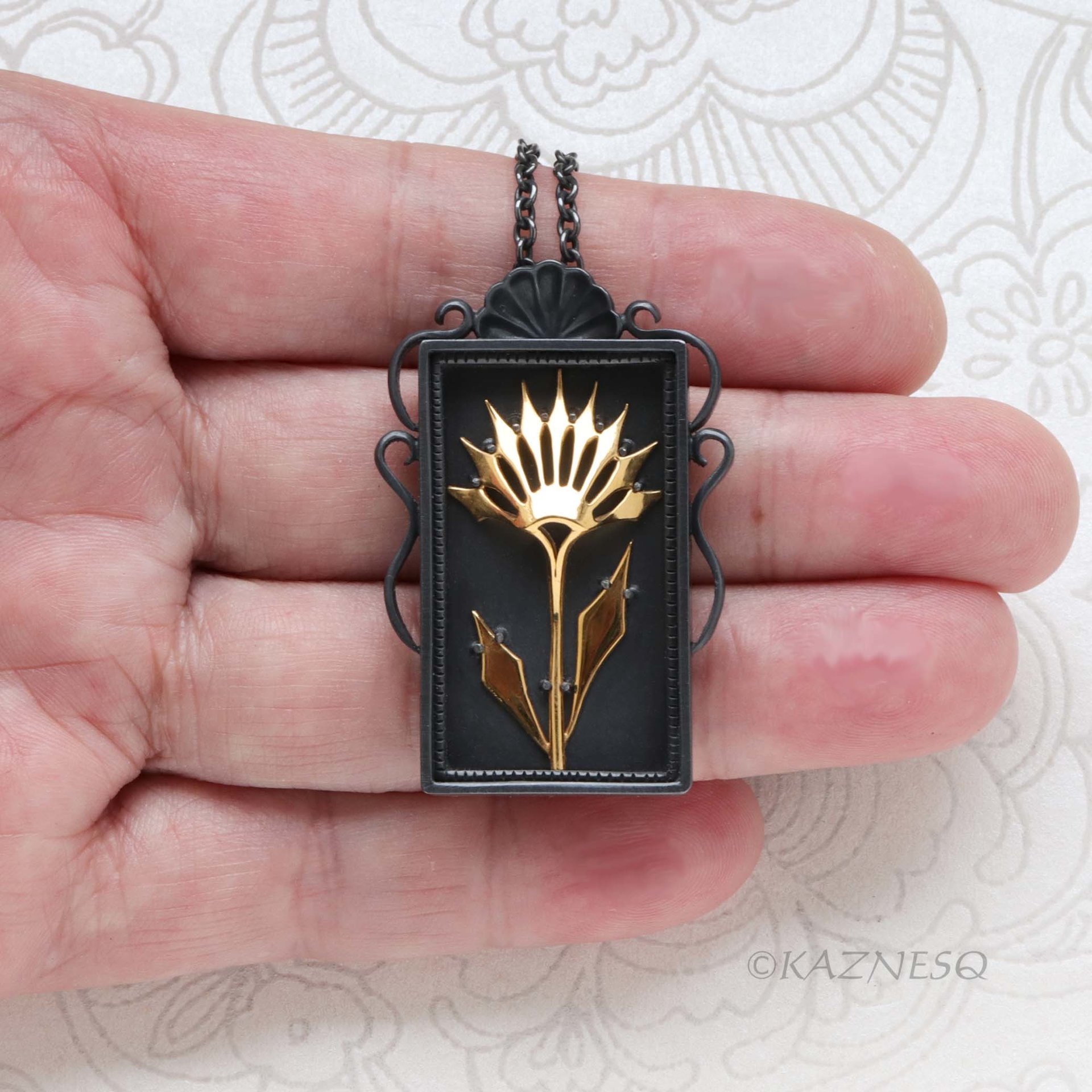 Gothic Botanical Necklace – Oxidized Silver Shadowbox Pendant with Gold Vermeil Ironpunk Flower