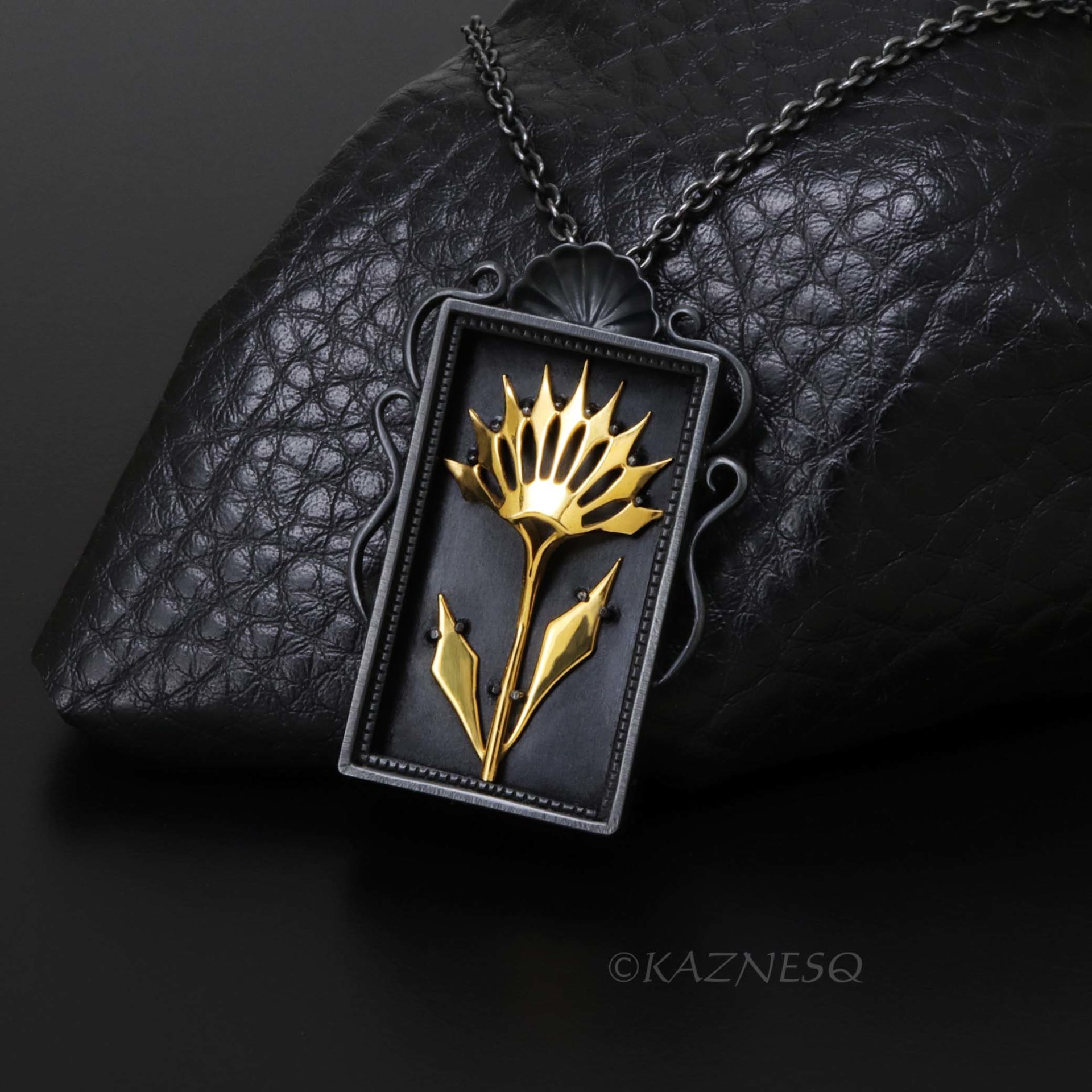 Gothic Botanical Necklace – Oxidized Silver Shadowbox Pendant with Gold Vermeil Ironpunk Flower