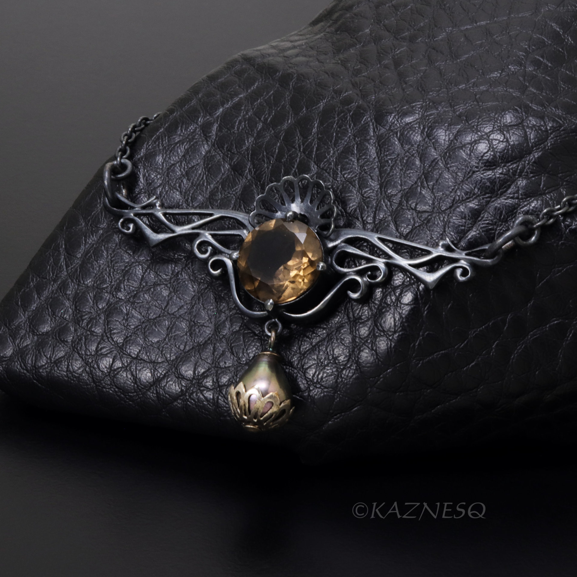 Smoky Quartz Necklace, Gothic Art Nouveau Oxidized Silver, Freshwater Pearl Drop, Dark Statement Jewelry