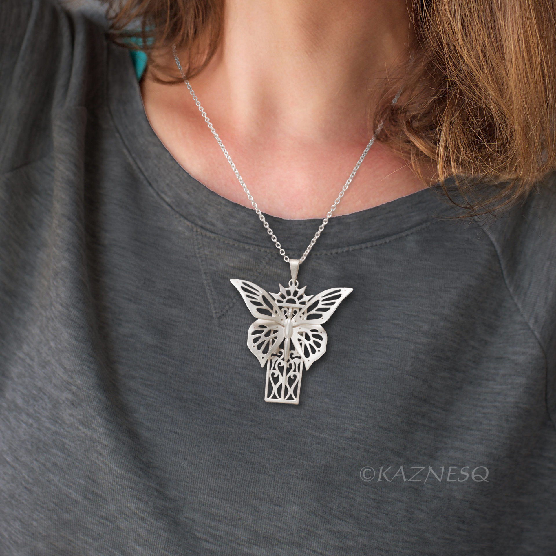 Sterling Silver Butterfly Necklace, Hand Pierced Swallowtail Pendant, Art Nouveau Gothic Jewelry, Matte Statement Necklace