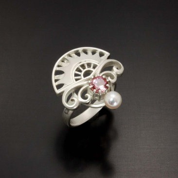 Sold: Pink tourmaline and cultured pearl ring of fan motif