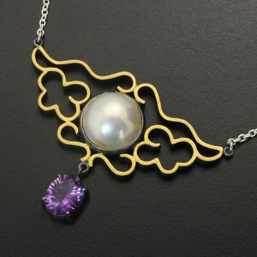 Sold: Cloud pattern mabe pearl and amethyst featured silver necklace with fine gold