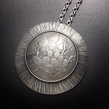 SOLD: Round Keum Boo silver pendant of white blossoms motif