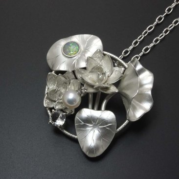 Lotus pendant, silver pendant with opal, quartz, and cultured pearl.