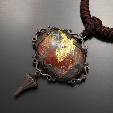 SOLD: Gold foil applied stone and Japanese patinaed sterling pendant