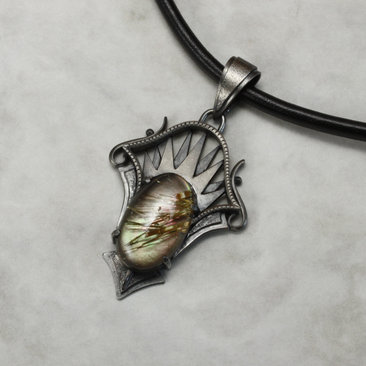 Golden rutilated quartz with iridescent colors Art Deco silver pendant necklace