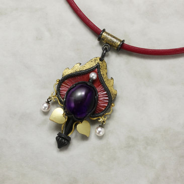 Antique style Japanese red copper, amethyst, akoyas, 18K gold and oxidized silve