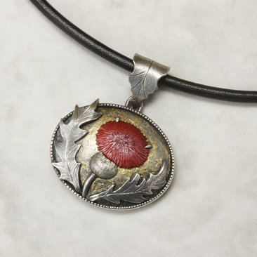 Thistle oxidized silver pendant necklace with Japanese red patina of Hido