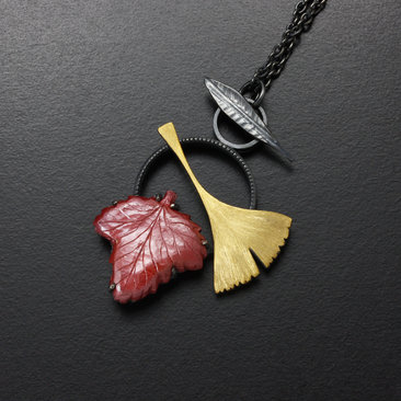Ginkgo and red grape leaf oxidized silver pendant necklace