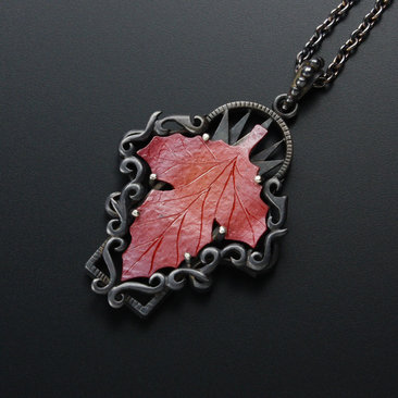 Red autumn leaf Goth taste oxidized silver pendant necklace.