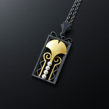 Art Deco style Keum Boo ginkgo necklace with akoya pearls