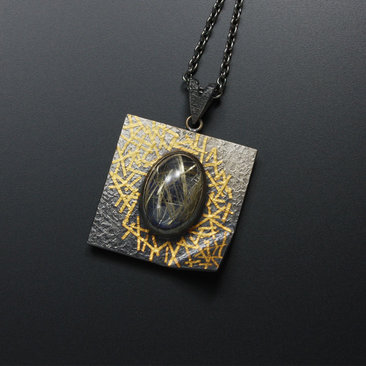 Oval rutilated quartz Keum Boo oxidized silver pendant necklace