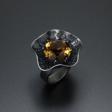 Lacy openwork smokey quartz oxidized silver Goth ring