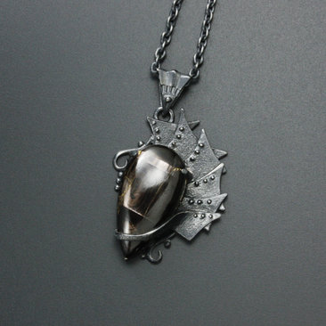 Hypersthene oxidized silver Goth pendant necklace, steampunk necklace