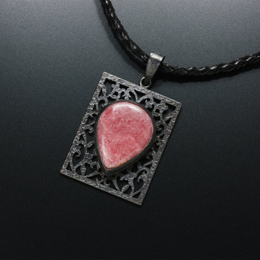 Rhodonite oxidized silver open work pendant necklace