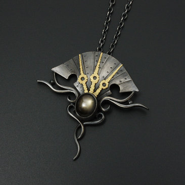 Black star sapphire steampunk silver and gold necklace