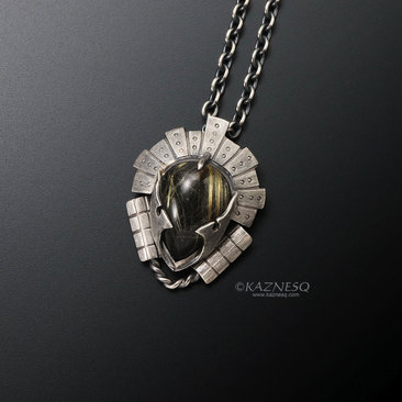 Rutilated quartz oxidized silver steampunk samurai helmet pendant necklace
