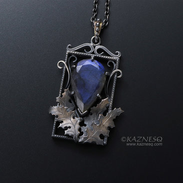 Blue labradorite thistle goth Art Nouveau oxidized silver pendant necklace