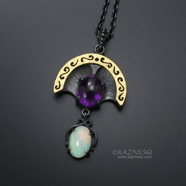 Openwork arch pendant, oxidized silver and gold leaf, amethyst and opal necklace