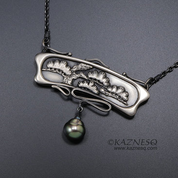 Art Nouveau style pine tree relief necklace, oxidized silver black pearl pendant
