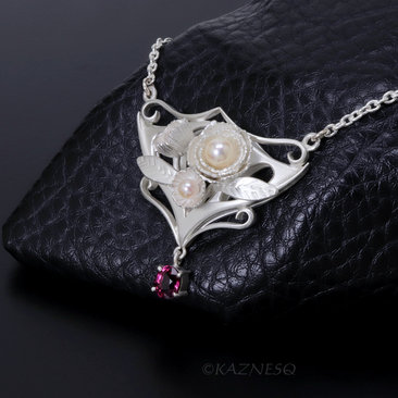 Art Nouveau style Matte Silver Floral Pendant Necklace with Rhodolite Garnet and Akoya Pearls