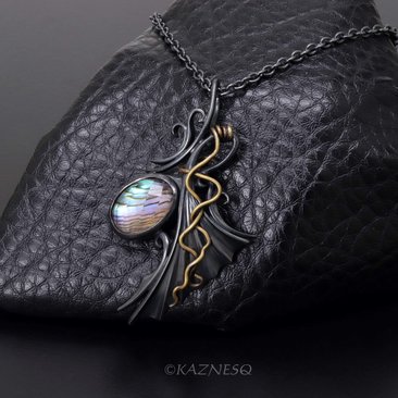 Quartz lined with Paua Shell Oxidized Silver Goth style Wing Pendant Necklace