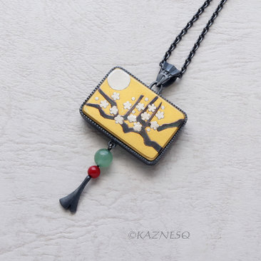 SOLD: Japanese aesthetic : Gold Keum Boo Plum Blossoms Art Oxidized Silver Pendant