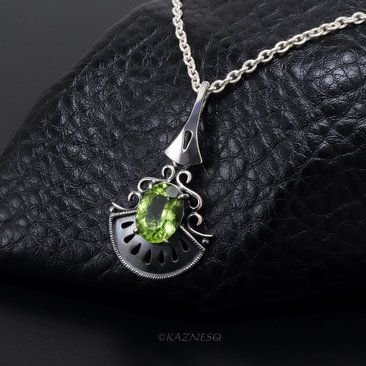 Add Green to your Casual Outfits! : Rutilated Peridot Art Deco inspired Oxidized Silver Pendant Necklace
