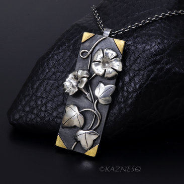 Morning glory Rectangle Art Pendant of Oxidized Silver and Fine Gold Foil