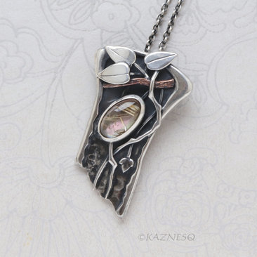 Artistic Silver Leaf Pendant, Rutilated Quartz with Mother of Pearl Botanical Design