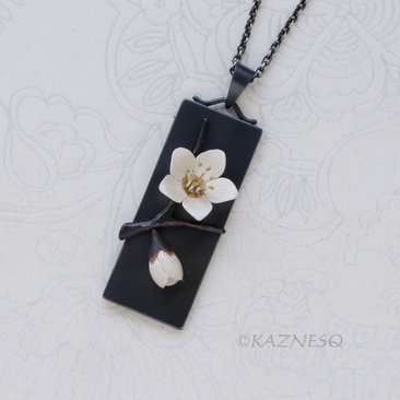 Japanese Winter Scene, Zen Feel of a White Camellia and a Bud, Oxidized Silver Rectangle Pendant