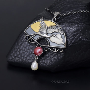Oxidized Silver Crane Necklace with Keum-Boo Sun, Japanese Patina & Pearl