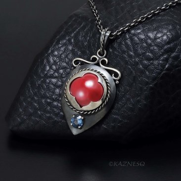 Oxidized Sterling Silver Pendant Necklace – Hido Copper Cab & Blue Spinel, Japanese Heat Patina, Filigree, Handmade Artisan Jewelry