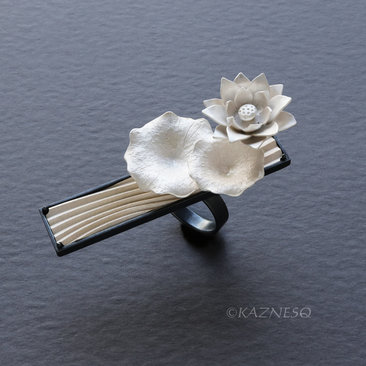 Lotus Flower Statement Ring in Sterling Silver — Handmade Black and White Botanical Art Jewelry